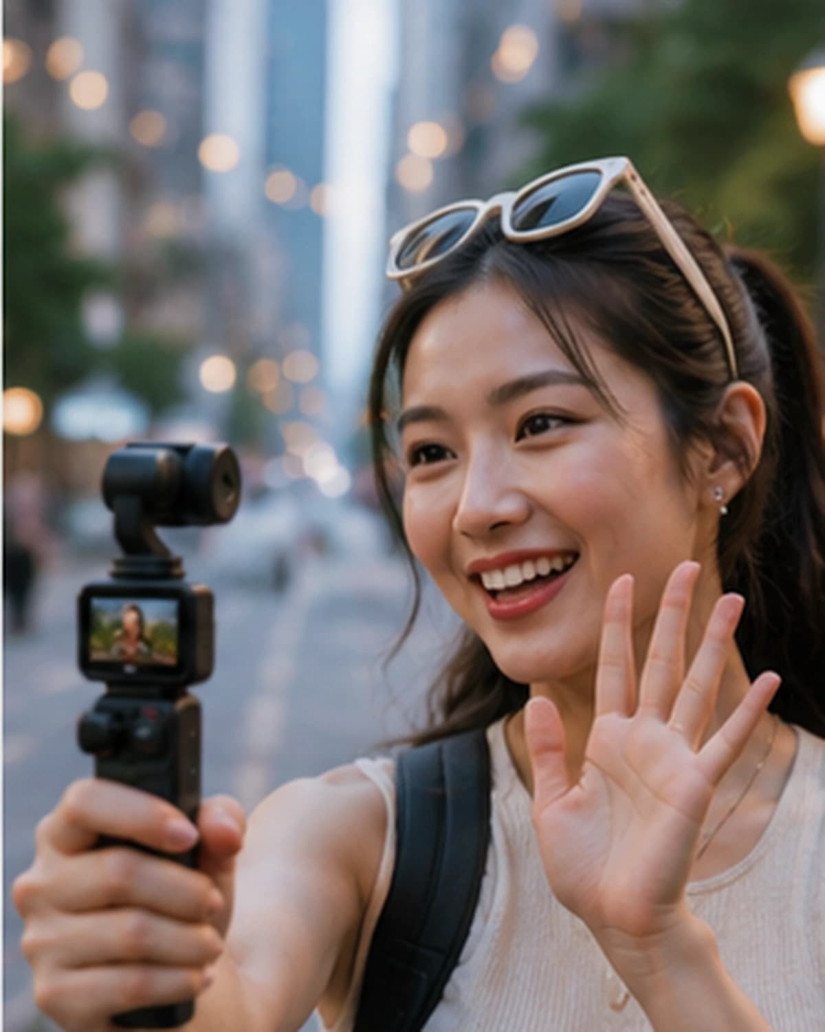 Creator filming a casual vlog with a compact pocket camera outdoors