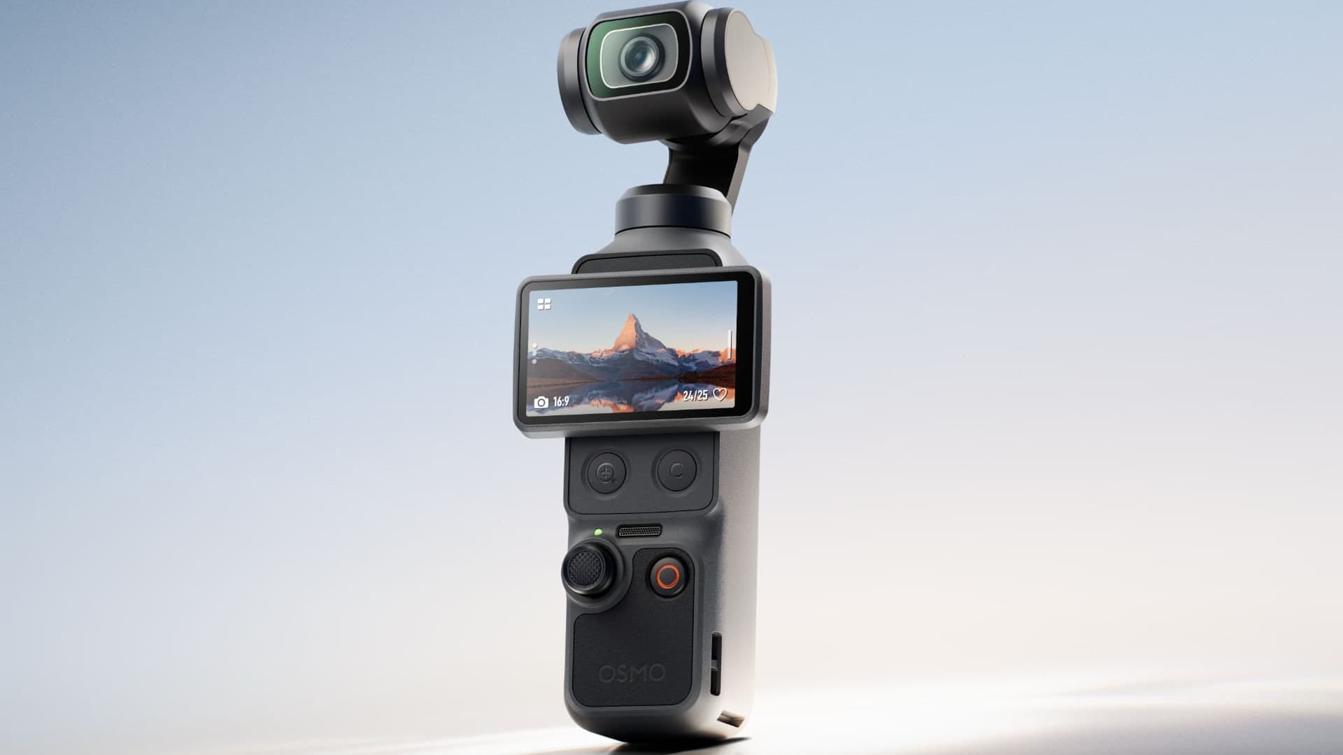 A DJI Osmo Pocket 4 camera standing upright against a bright, soft blue-to-white studio backdrop